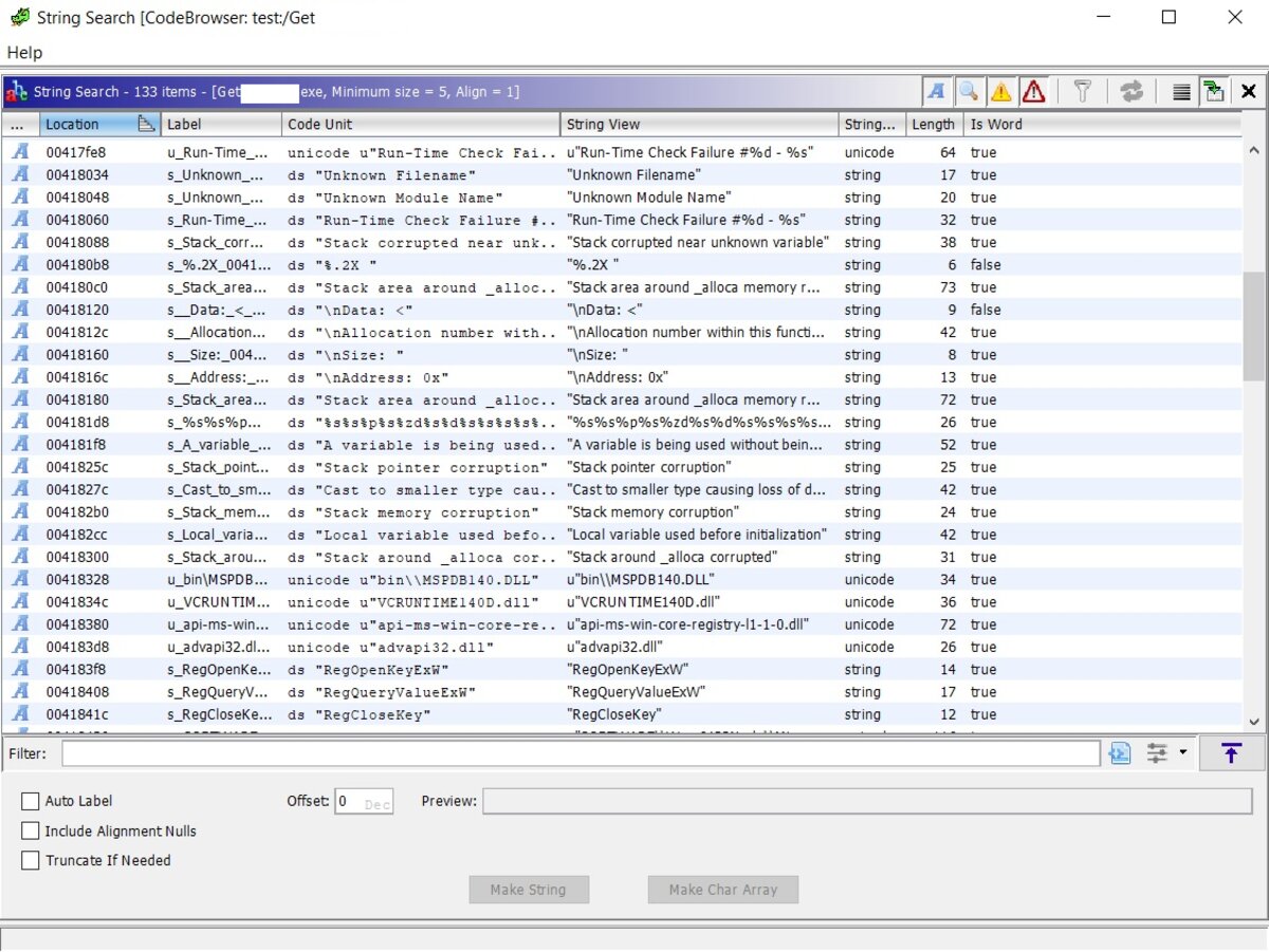 Search for strings dialog