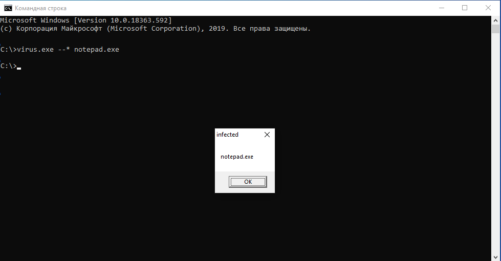 A dialog box indicating a successful infection