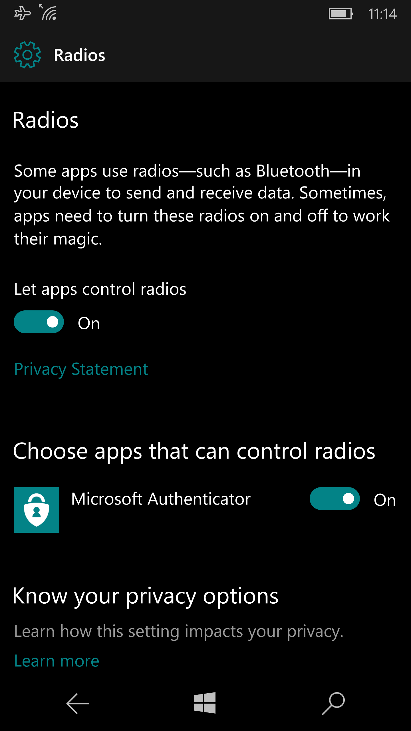 Left: apps with access to location data; right: telephony access toggle.