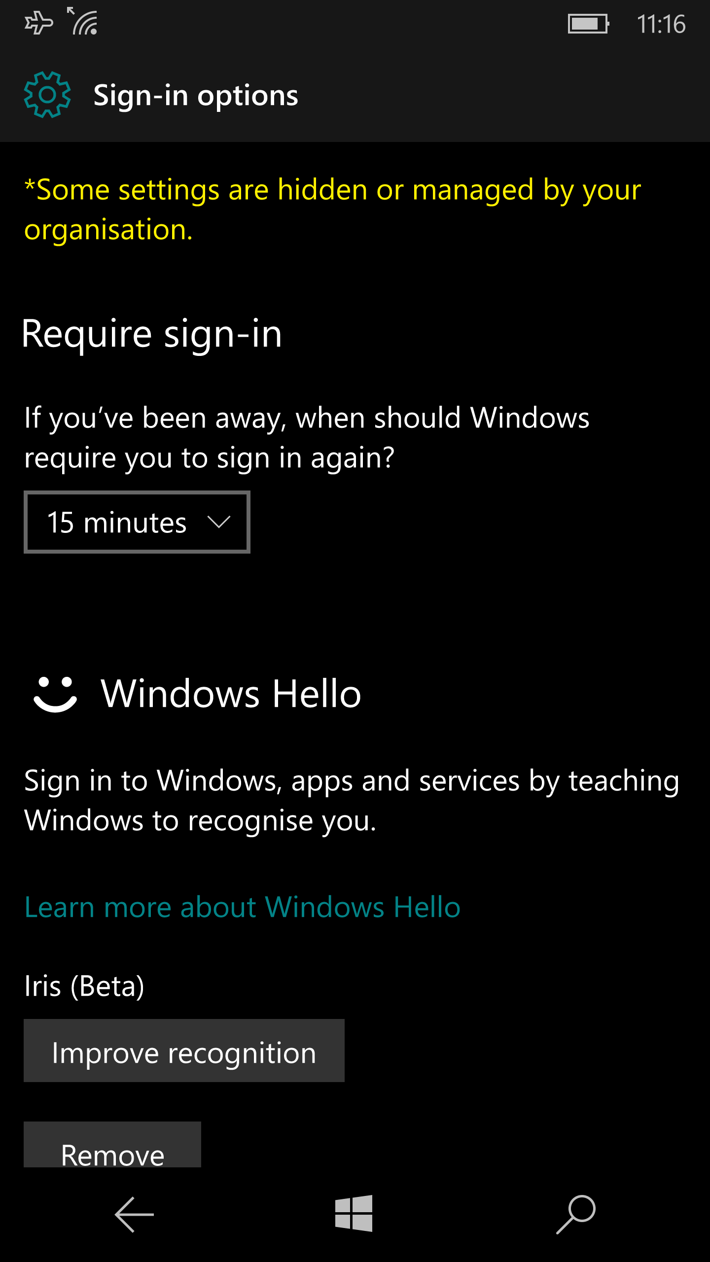 Iris authentication is enabled in Settings.