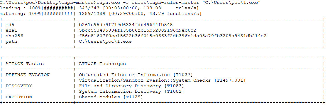 Example analysis of 1.exe using CAPA rules