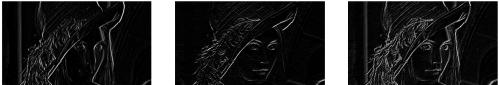 Image edges obtained via convolution: left—horizontal, center—vertical, right—all edges from combining the two results