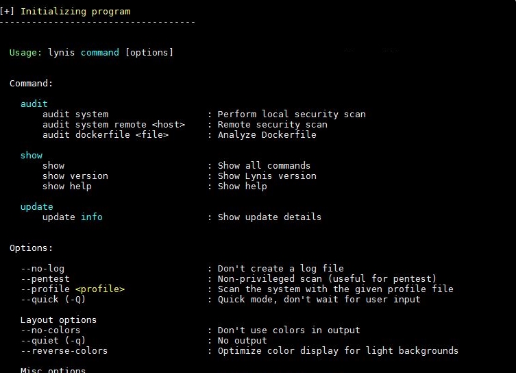 Listing of available commands Listing of available commands