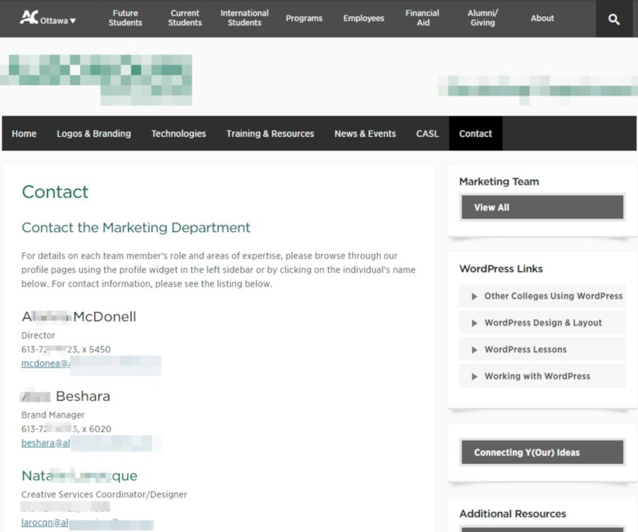 Contacts section on the alg…ge.com website