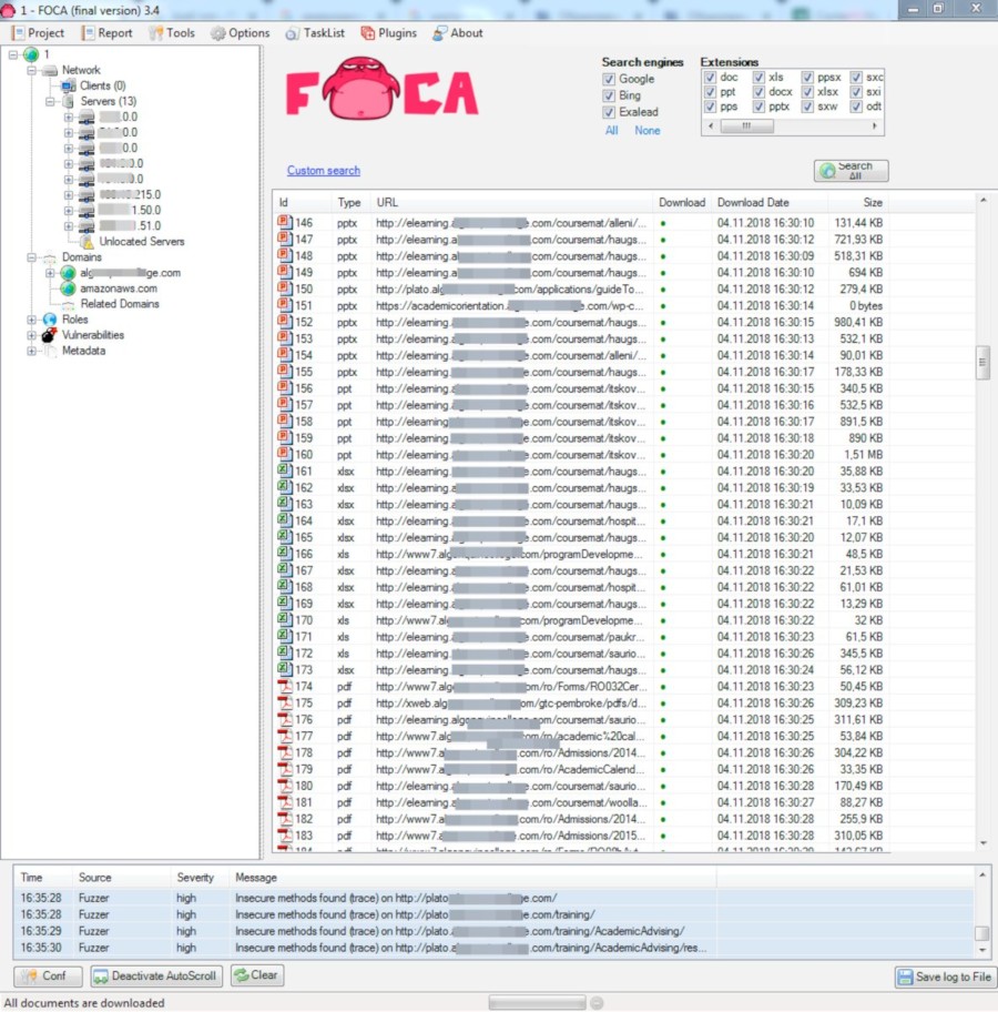 FOCA search results: files found on the website