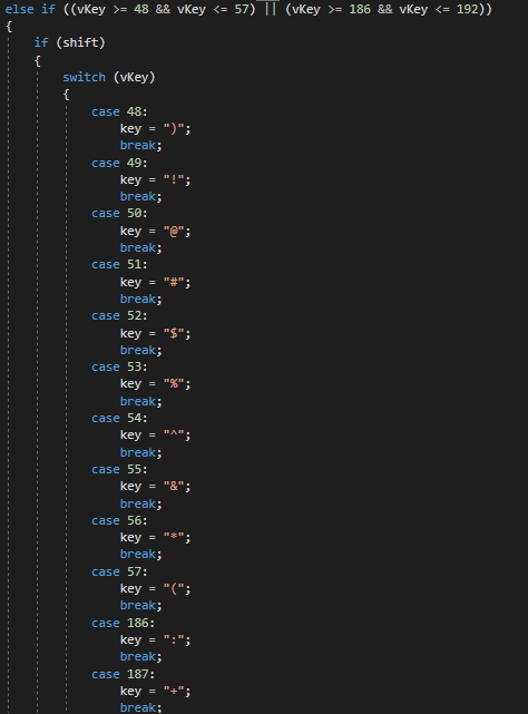 Switch statement that handles Shift + number key