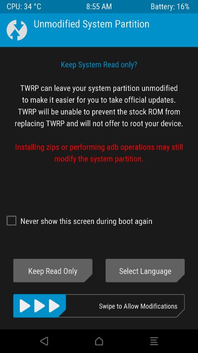 Granting access to system partitions and the TWRP main screen