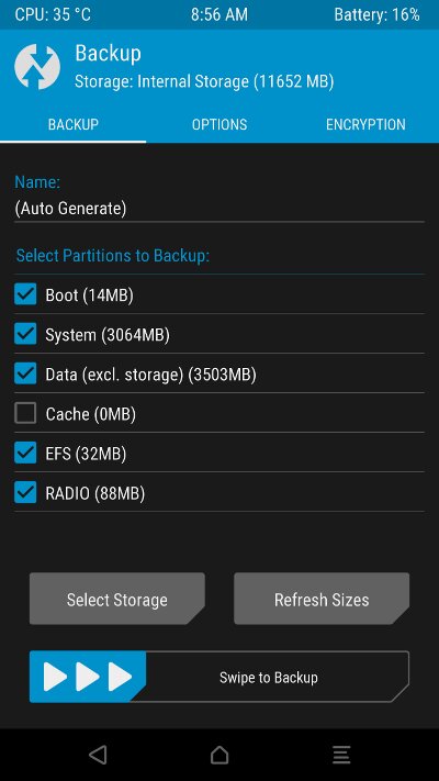 Backup creation menu and storage location selection