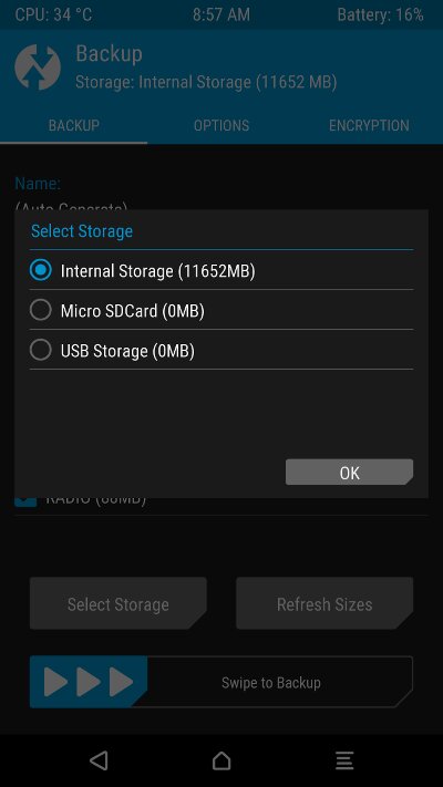Backup creation menu and storage location selection