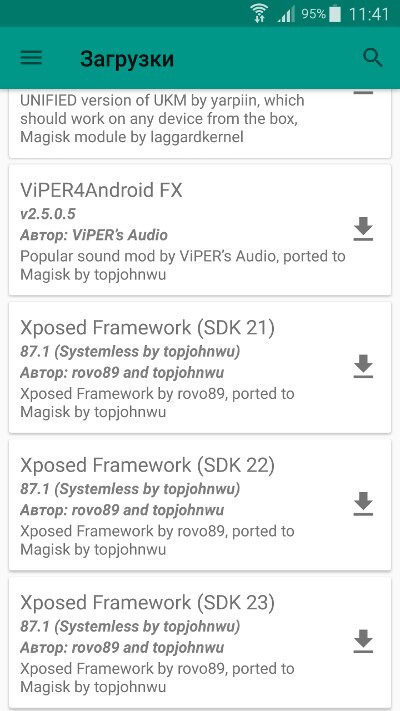 Magisk Manager home screen and a list of downloadable modules