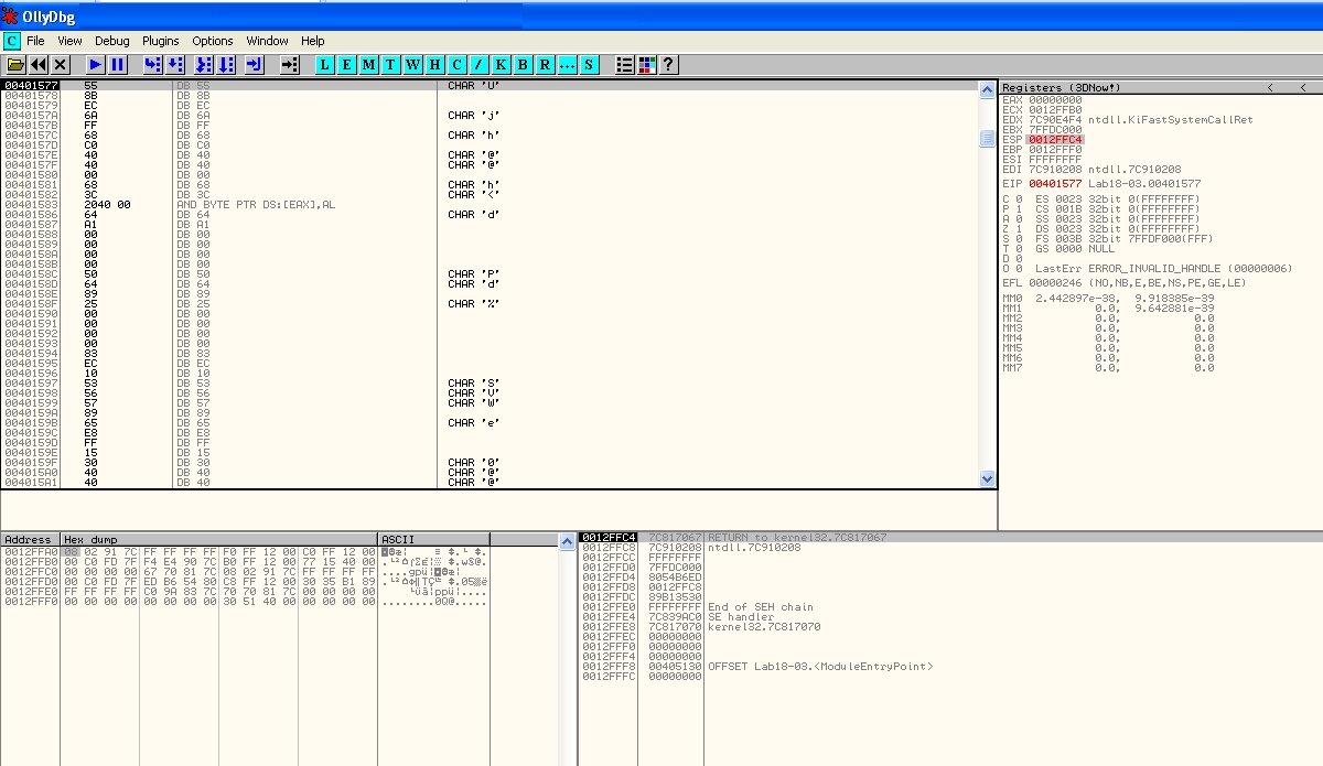 OllyDbg window showing unreadable code OllyDbg window showing unreadable code