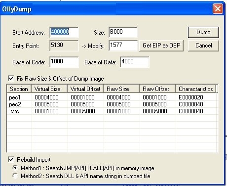 OllyDbg window with dump options OllyDbg window with dump options