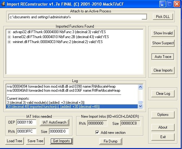 Import REConstructor window showing import table reconstruction Import REConstructor window showing import table reconstruction