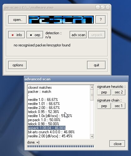 Analysis in DiE and an attempt to identify the packer in Pe-Scan