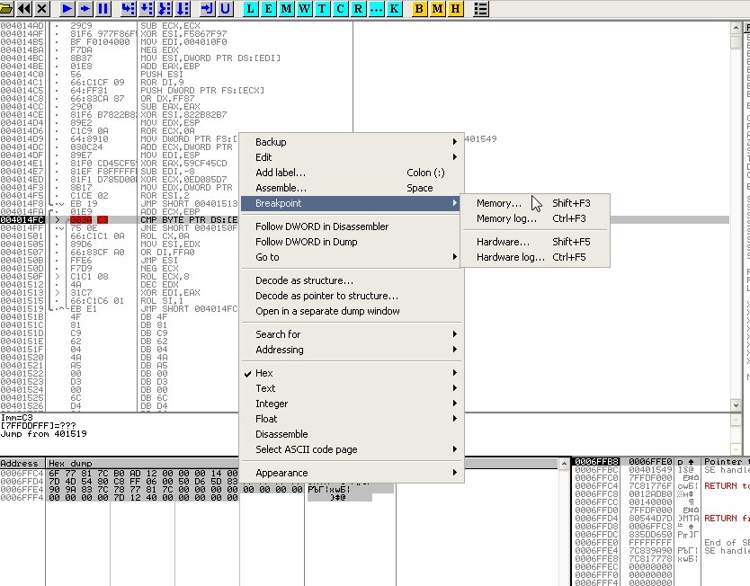Select the bytes in memory and set a new breakpoint Select the bytes in memory and set a new breakpoint