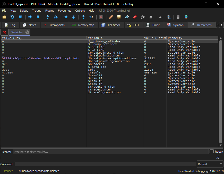 Window showing all variables