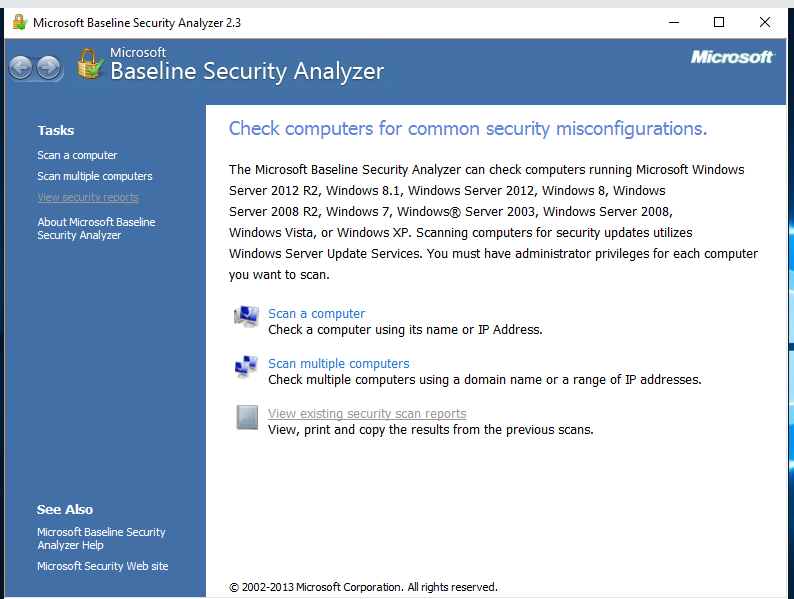 MBSA v2.3 start screen on Windows Server 2016 MBSA v2.3 start screen on Windows Server 2016