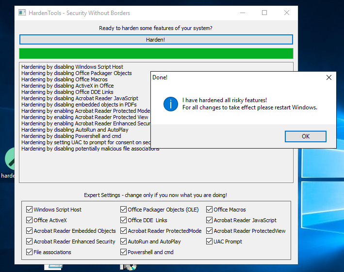 Results produced by the Hardentools for Windows tool Results produced by the Hardentools for Windows tool